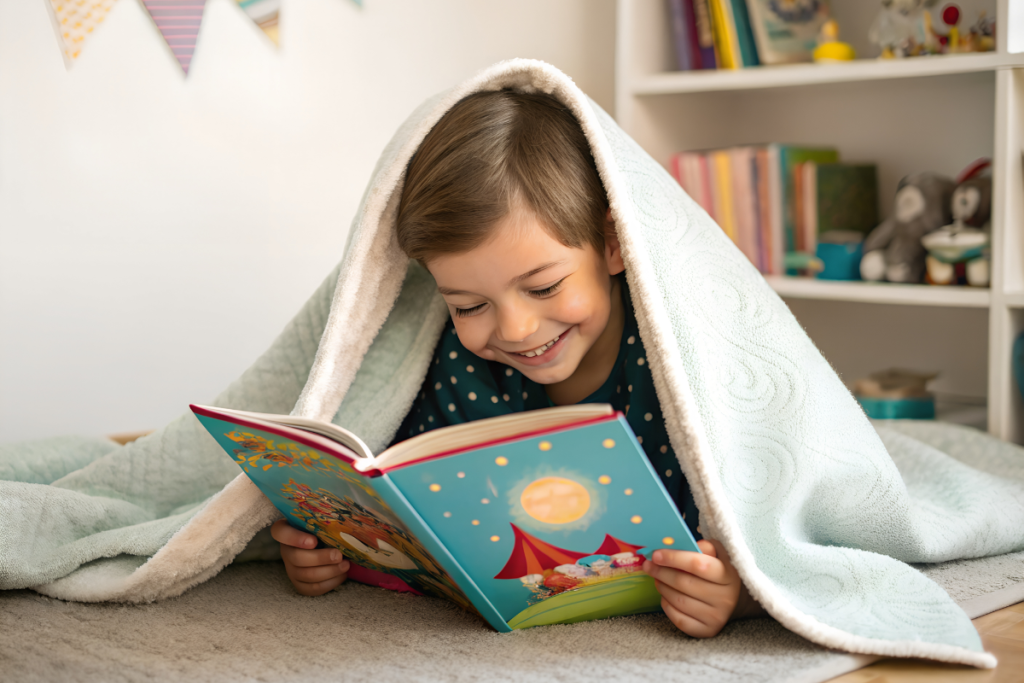Smiling neurodivergent child reading a colorful book under a blanket at home, showing how supporting emotional regulation in children starts with cozy, nurturing spaces.