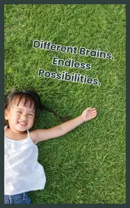 Smiling child lying on green grass with arms outstretched, symbolizing that neurodiversity is a superpower and celebrating the brilliance of different brains.