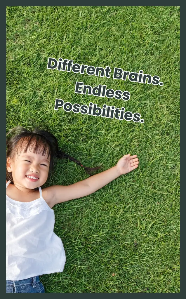 Smiling child lying on green grass with arms outstretched, symbolizing that neurodiversity is a superpower and celebrating the brilliance of different brains.