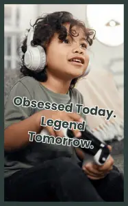 Young neurodivergent child wearing headphones and holding a game controller, smiling with focused excitement, with text reading “Obsessed Today. Legend Tomorrow.” highlighting intense passions often seen in ND children.