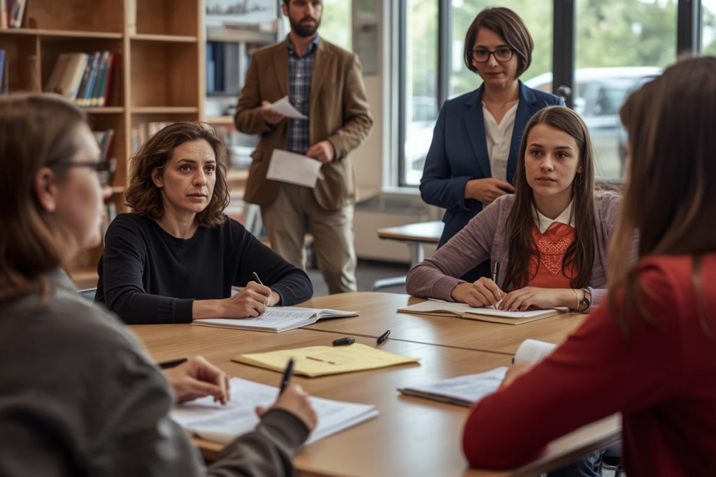 A group of teachers sit around a table in a tense school meeting, illustrating why advocacy isn’t optional for mamas navigating the IEP process.