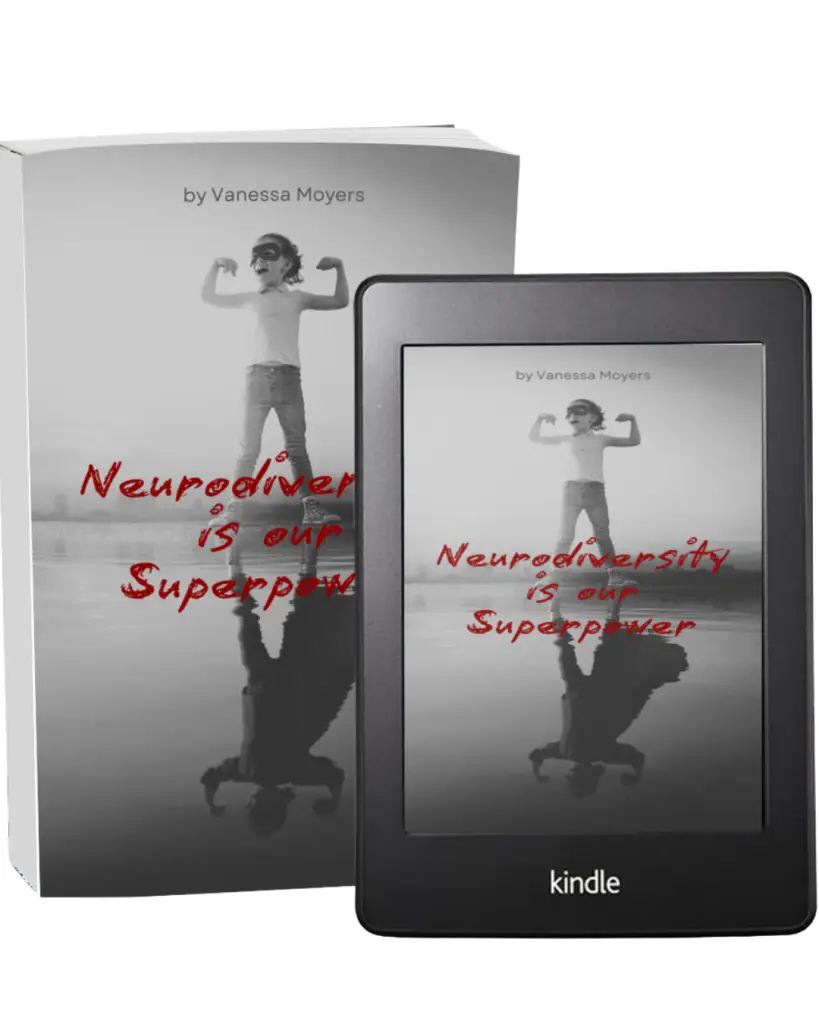 3D mockup of the paperback and Kindle editions of “Neurodiversity Is Our Superpower” by Vanessa Moyers, a #1 best-selling book for ND moms about raising neurodivergent children with confidence and advocacy.