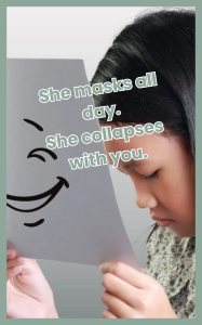 A young girl holding a smiling paper mask in front of her face, illustrating ND masking and the emotional pressure to hide her true feelings.