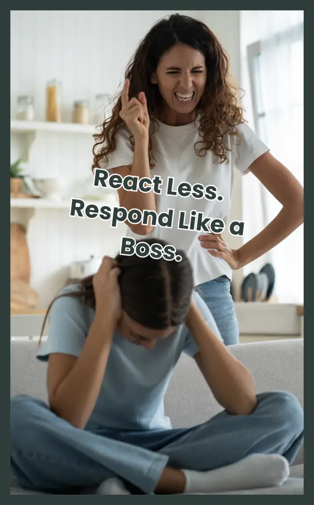 A frustrated mom yelling at her overwhelmed child while the child covers their ears, representing the emotional chaos of parenting and the message to “React vs Respond” for calmer ND parenting strategies.