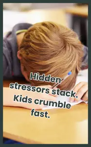 A young child with their head down on a classroom desk, clutching a pencil, overwhelmed by hidden stressors that build up and lead to emotional collapse.
