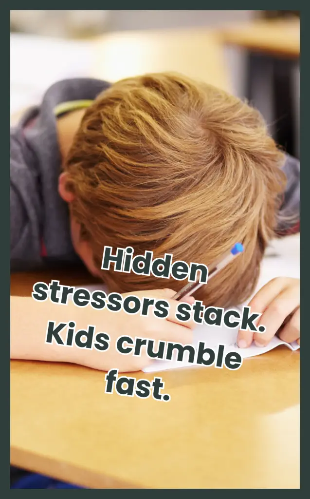 A young child with their head down on a classroom desk, clutching a pencil, overwhelmed by hidden stressors that build up and lead to emotional collapse.