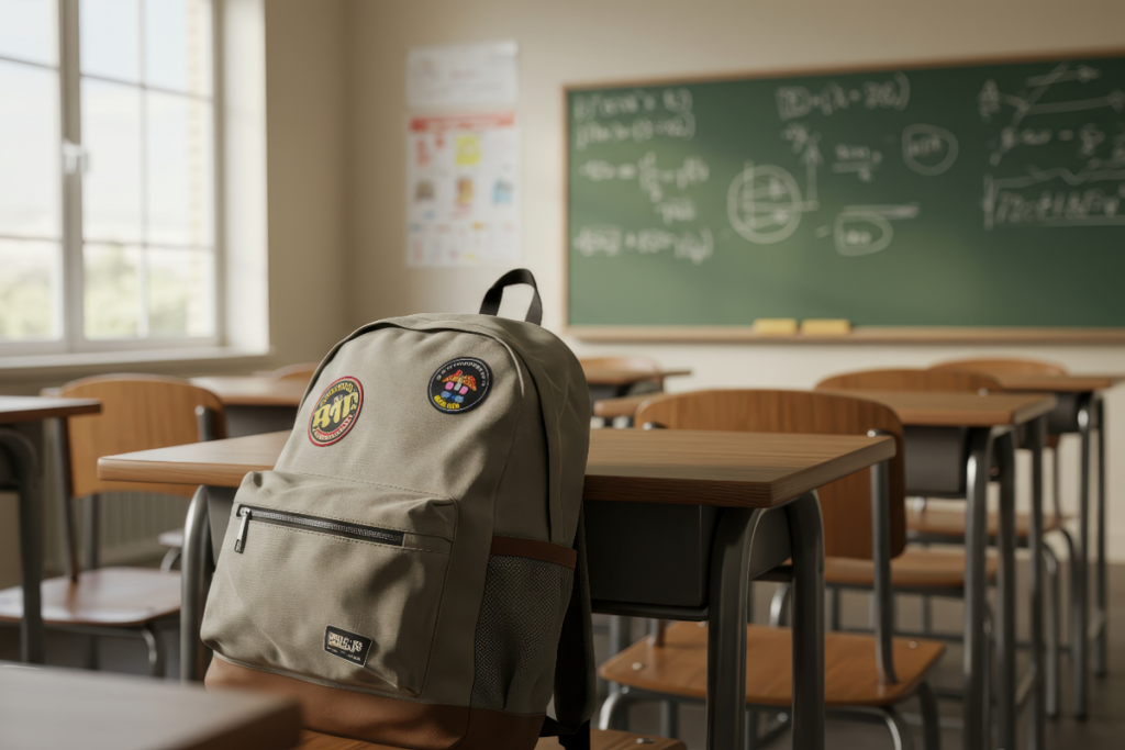 An empty classroom with a student backpack resting on a desk, symbolizing how schools don’t see the problem when a child’s struggles go unnoticed.