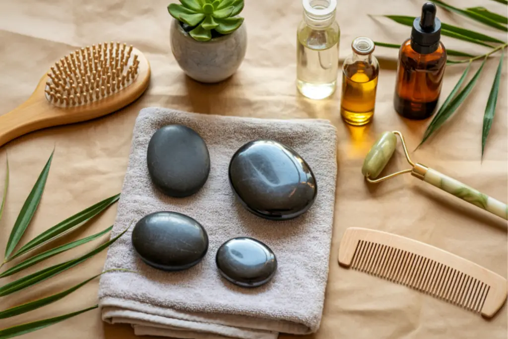 Self-care items including hot stones, oils, and a jade roller representing stress relief for parents managing adult ADHD impulse control at home.