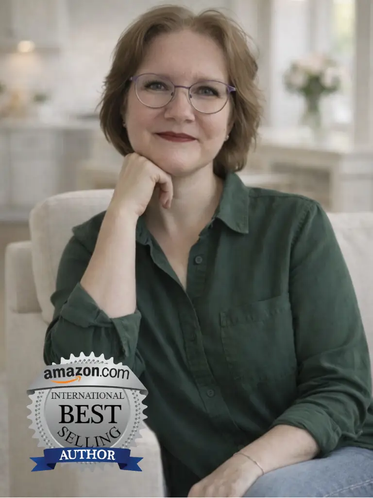 Professional portrait of a confident middle-aged woman wearing glasses and a green blouse, seated in a bright home setting, with an “Amazon International Best Selling Author” badge highlighting her author status.