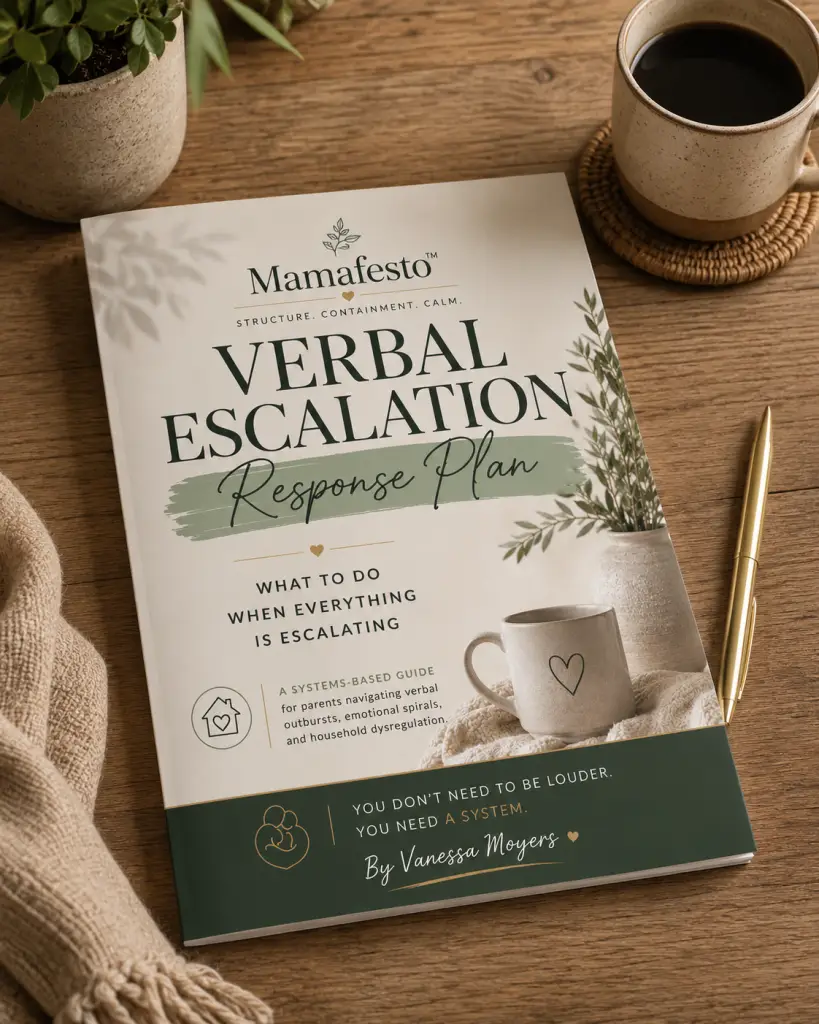 A printed booklet titled ‘Mamafesto™ Verbal Escalation Response Plan’ by Vanessa Moyers sits on a warm wooden table beside a cup of coffee, a gold pen, and a small plant. The guide cover features soft neutral tones, calming sage green accents, elegant typography, and cozy imagery including a ceramic mug and greenery. The overall aesthetic feels peaceful, grounded, and supportive for parents navigating household dysregulation and verbal escalation.