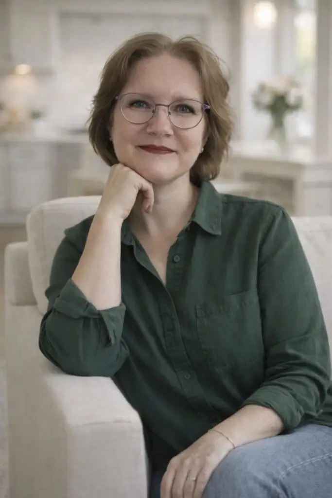 Professional portrait of Vanessa Moyers seated in a bright home setting, wearing glasses and a green blouse, smiling confidently as founder of The Mamafesto Method and advocate for moms of neurodivergent children.