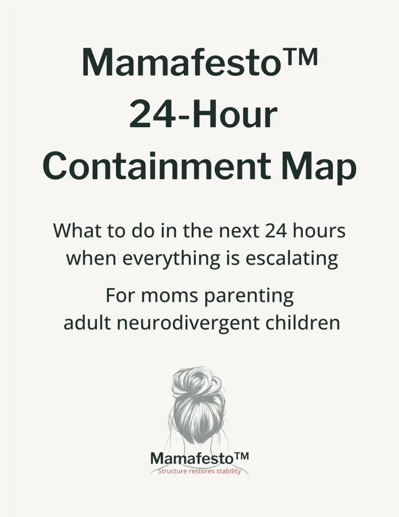 Mamafesto™ 24-Hour Containment Map cover with text “What to do in the next 24 hours when everything is escalating,” designed for moms parenting adult neurodivergent children, featuring the Mamafesto brand and messy bun icon.