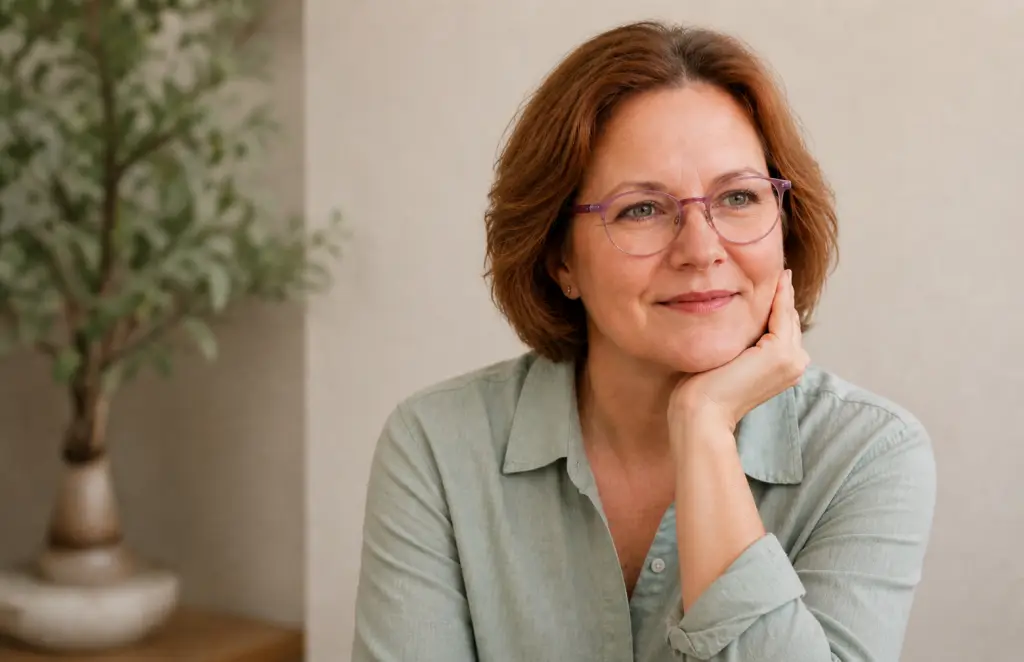 Woman in sage green button-up shirt and purple glasses resting her chin on her hand in a softly lit neutral-toned living room with blurred greenery and minimalist decor.