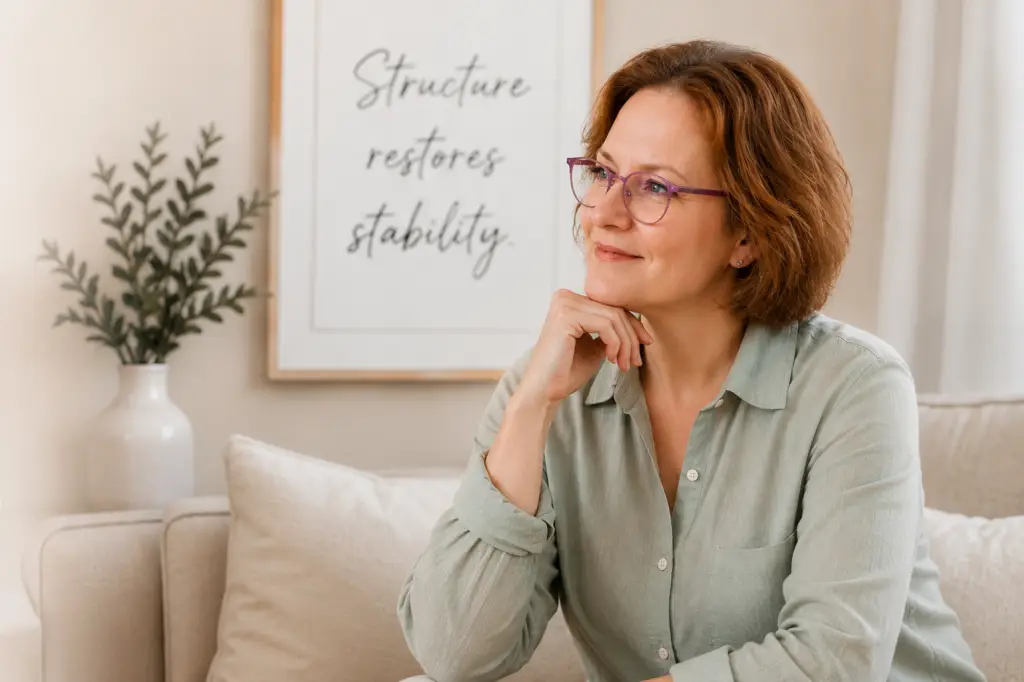 Middle-aged woman in sage green button-up shirt and purple glasses sitting thoughtfully in a cozy neutral-toned living room with framed “Structure restores stability” wall art and soft natural lighting.