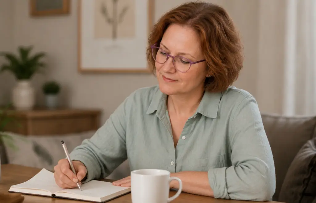 Woman in sage green button-up shirt and purple glasses writing in a notebook at a wooden table in a cozy neutral-toned living room with soft lighting and minimalist decor.