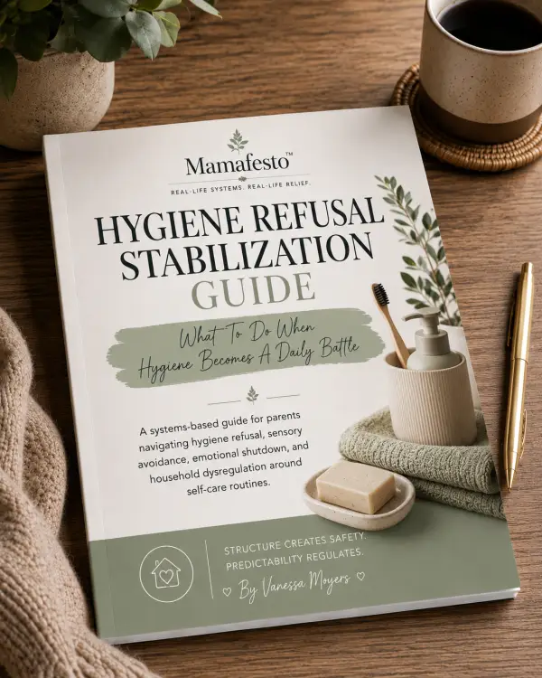Hygiene Refusal Stabilization Guide by Mamafesto — Practical systems for reducing hygiene battles, sensory avoidance, and self-care resistance.